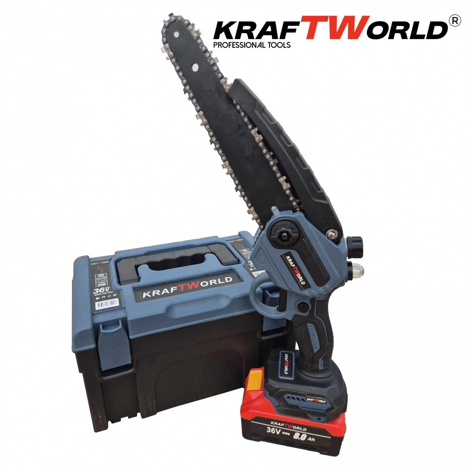 Μίνι Αλυσοπρίονο KraftWorld 36V 8Ah με Αυτόματη Λίπανση, Δύο Μπαταρίες και Δύο Αλυσίδες