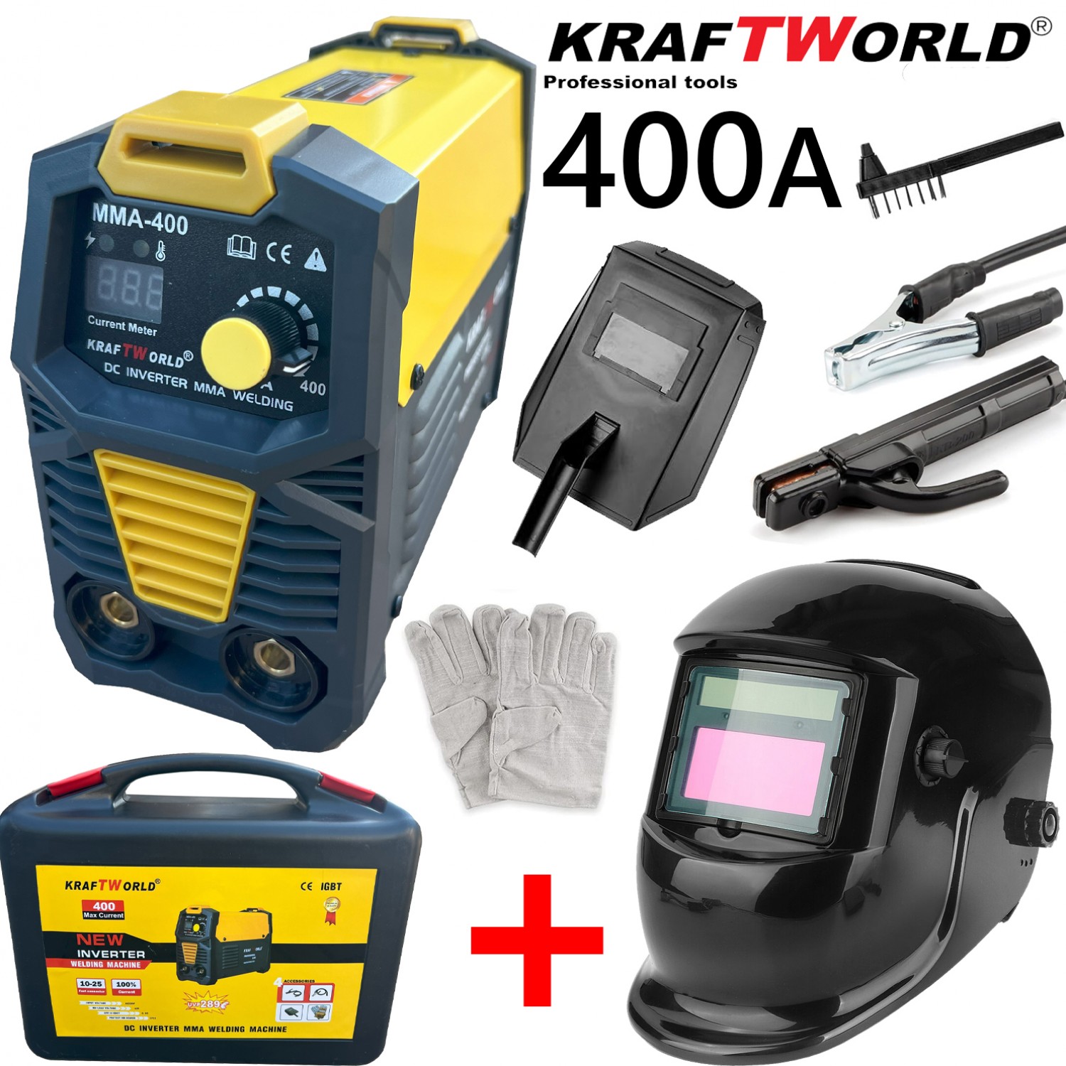 Ηλεκτρικός συγκολλητής Inverter 400A KraftWorld σε βαλίτσα + Αυτόματη Μάσκα ηλεκτροκόλλησης