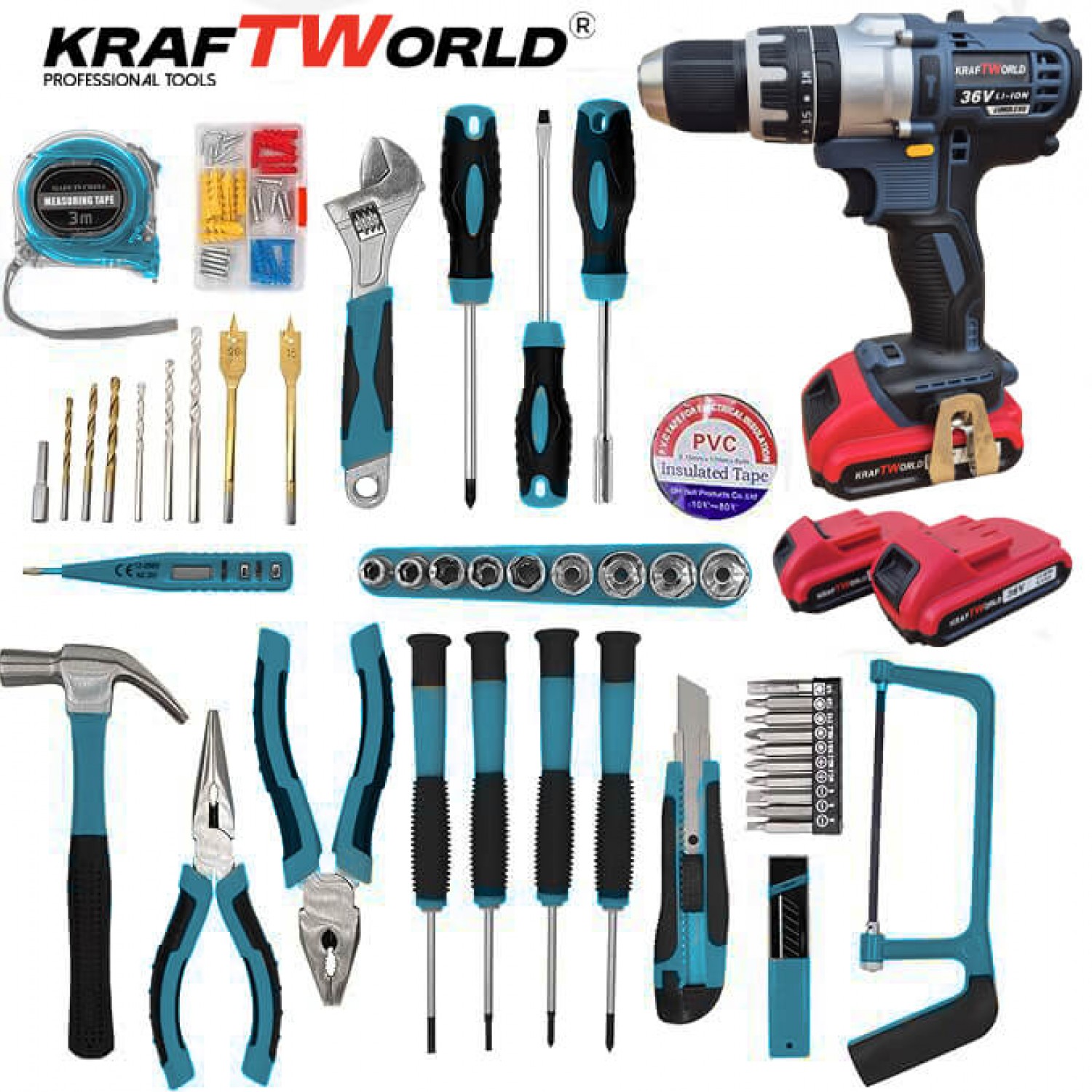 Κρουστικό Δραπανοκατσάβιδο ΜπαταρίαςKraftWorld 36V με 2 Μπαταρίες 8.0Ah και Σετ 111 Εργαλείων