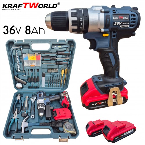 Κρουστικό Δραπανοκατσάβιδο ΜπαταρίαςKraftWorld 36V με 2 Μπαταρίες 8.0Ah και Σετ 111 Εργαλείων