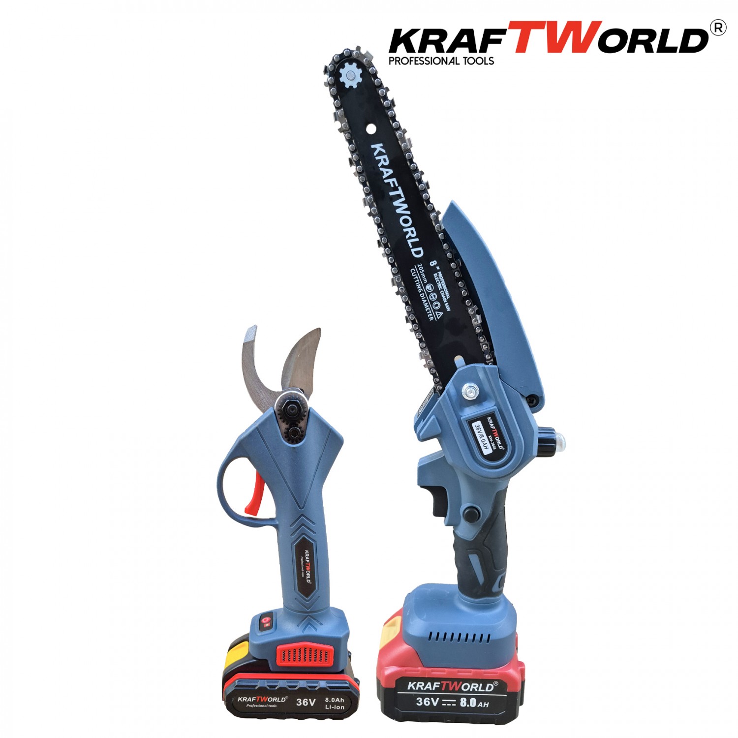 KraftWorld Ασύρματο Σετ – Μίνι Αλυσοπρίονο και Ψαλίδι Κλαδέματος με 4 Μπαταρίες 36V