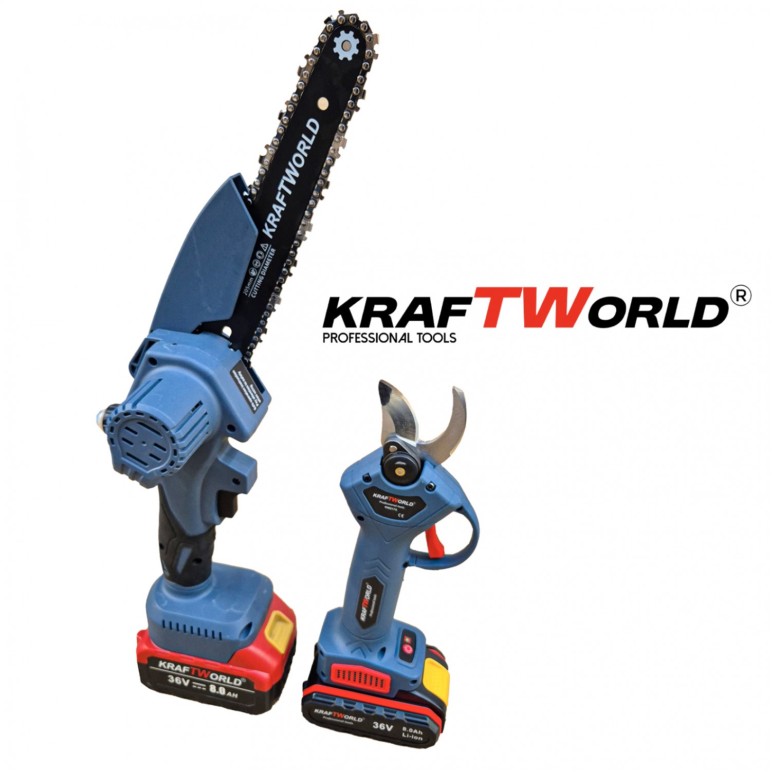 KraftWorld Ασύρματο Σετ – Μίνι Αλυσοπρίονο και Ψαλίδι Κλαδέματος με 4 Μπαταρίες 36V
