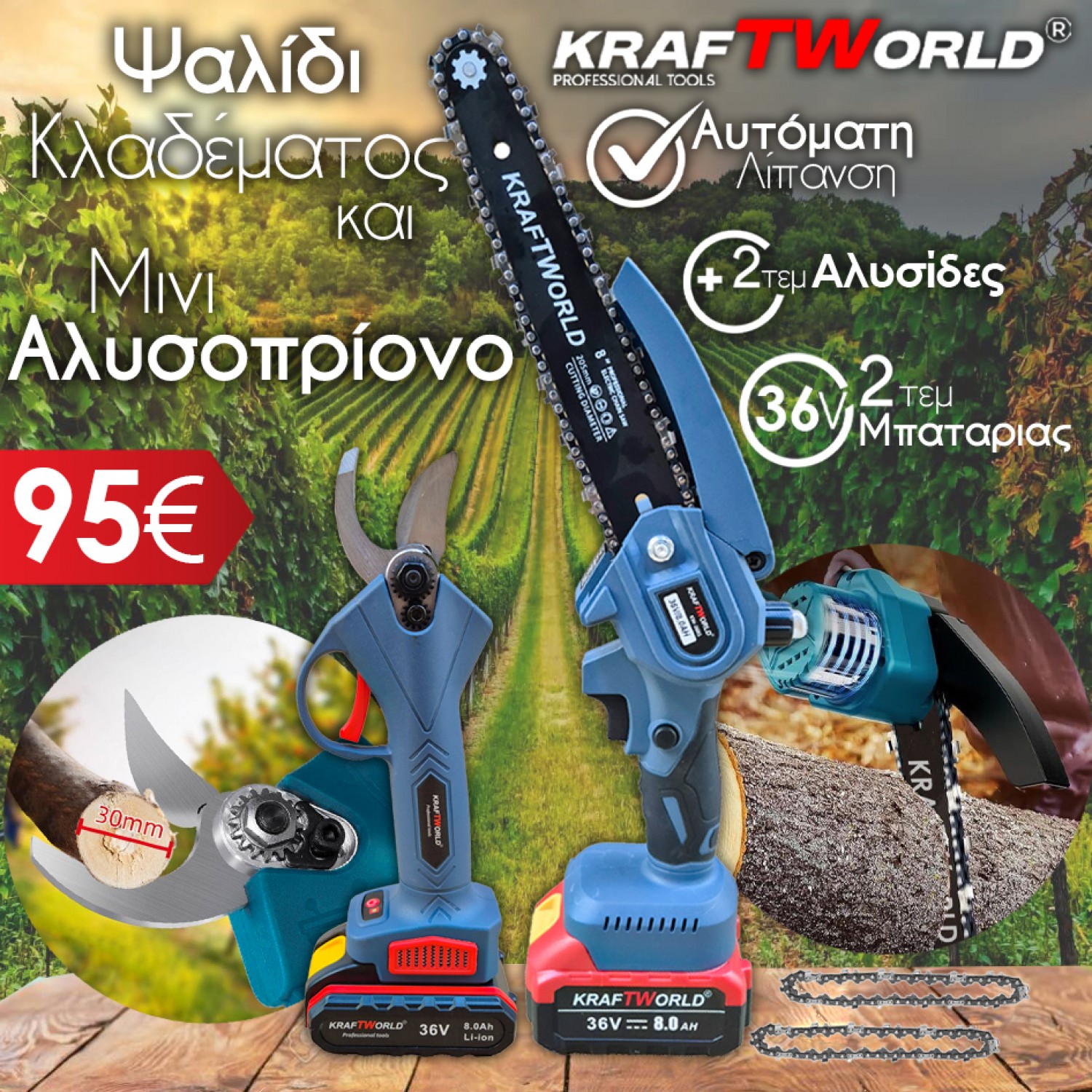 KraftWorld Ασύρματο Σετ – Μίνι Αλυσοπρίονο και Ψαλίδι Κλαδέματος με 2 Μπαταρίες 36V