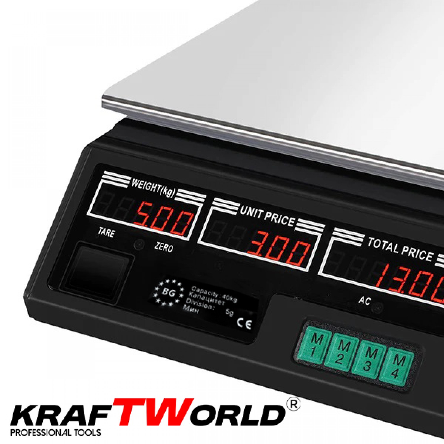 Ψηφιακή Ζυγαριά Λιανικής KraftWorld έως 40 κιλά – Με Μεταλλική Πλατφόρμα και Μνήμη 7 Προϊόντων