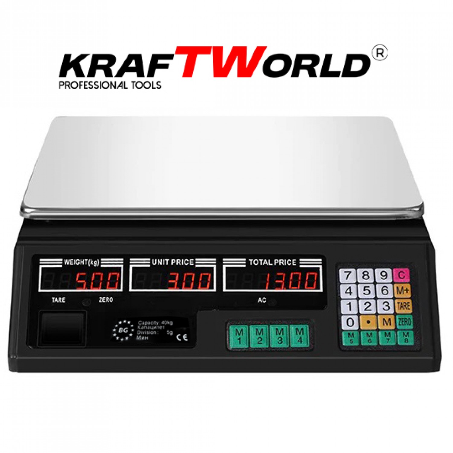 Ψηφιακή Ζυγαριά Λιανικής KraftWorld έως 40 κιλά – Με Μεταλλική Πλατφόρμα και Μνήμη 7 Προϊόντων