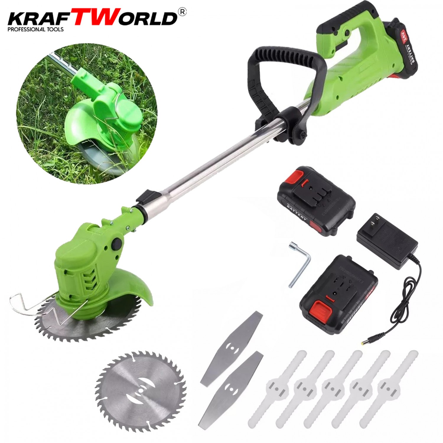 Ασύρματο Χορτοκοπτικό 36V 8Ah KraftWorld – Κουρευτική Μηχανή με 2 Μπαταρίες & Φορτιστή