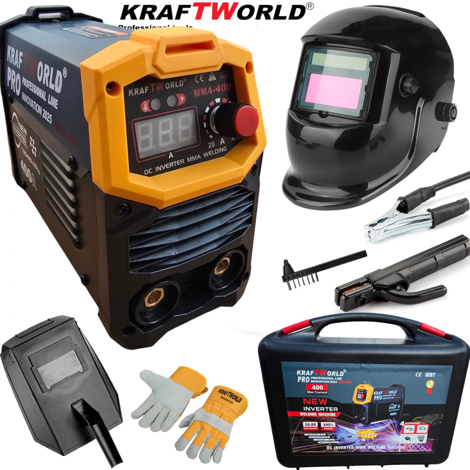 Ηλεκτρικός συγκολλητής Inverter KraftWorld σε βαλίτσα + Αυτόματη Μάσκα ηλεκτροκόλλησης