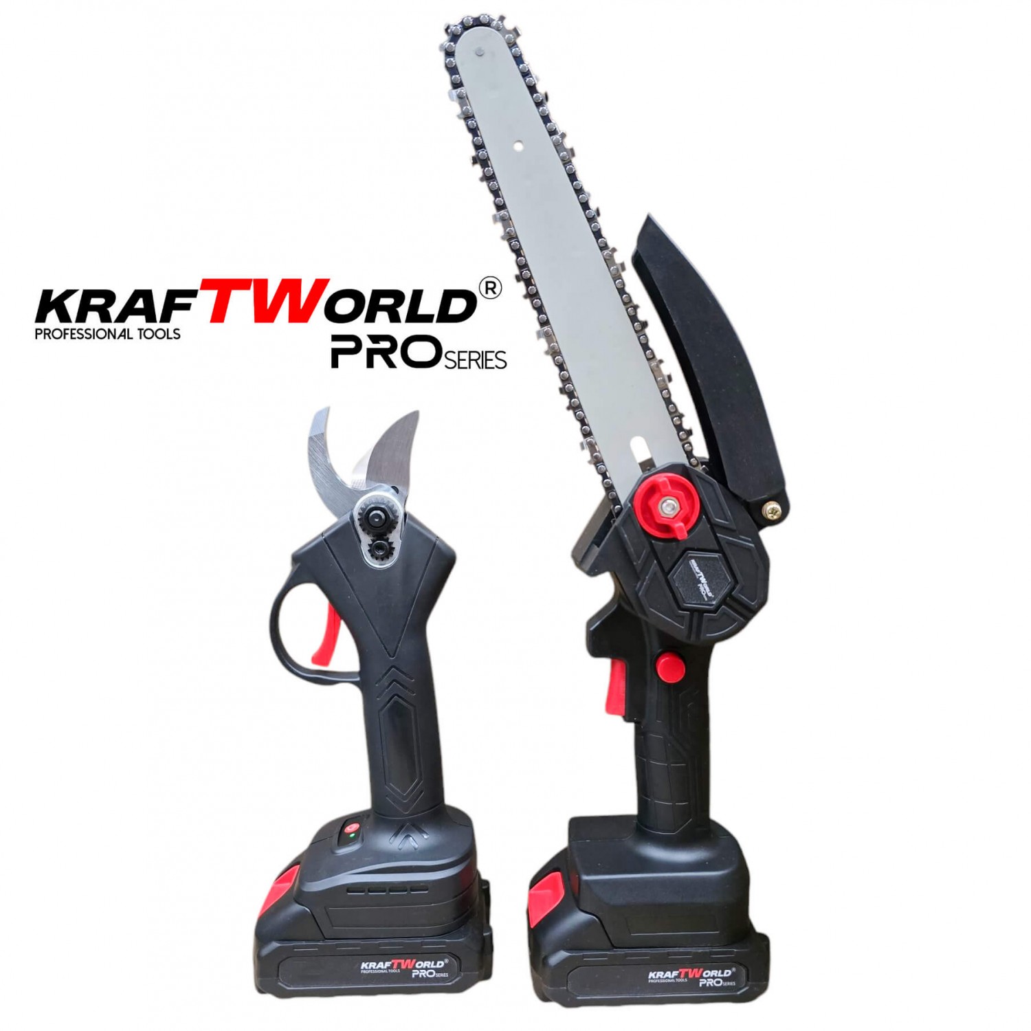 Σετ KraftWorld 2 σε 1: Μίνι Αλυσοπρίονο (15 & 20 εκ.) & Κλαδευτήρι με 2 Μπαταρίες 24V