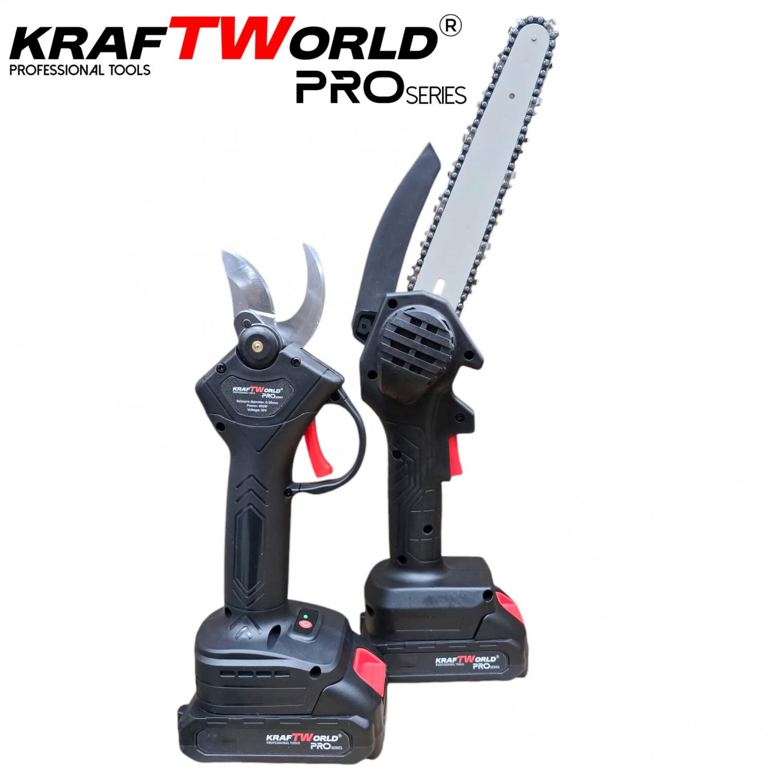 Σετ KraftWorld 2 σε 1: Μίνι Αλυσοπρίονο (15 & 20 εκ.) & Κλαδευτήρι με 2 Μπαταρίες 24V