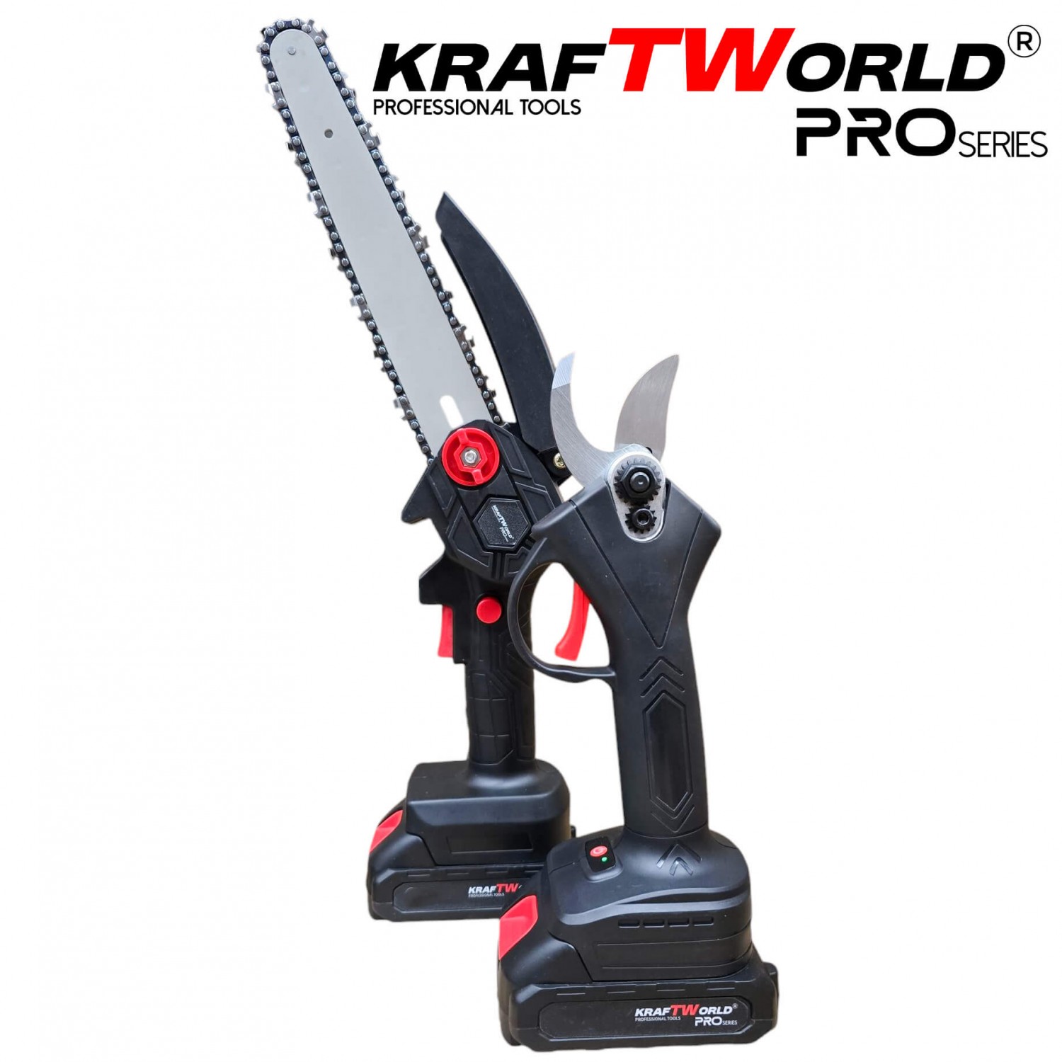 Σετ KraftWorld 2 σε 1: Μίνι Αλυσοπρίονο (15 & 20 εκ.) & Κλαδευτήρι με 2 Μπαταρίες 24V