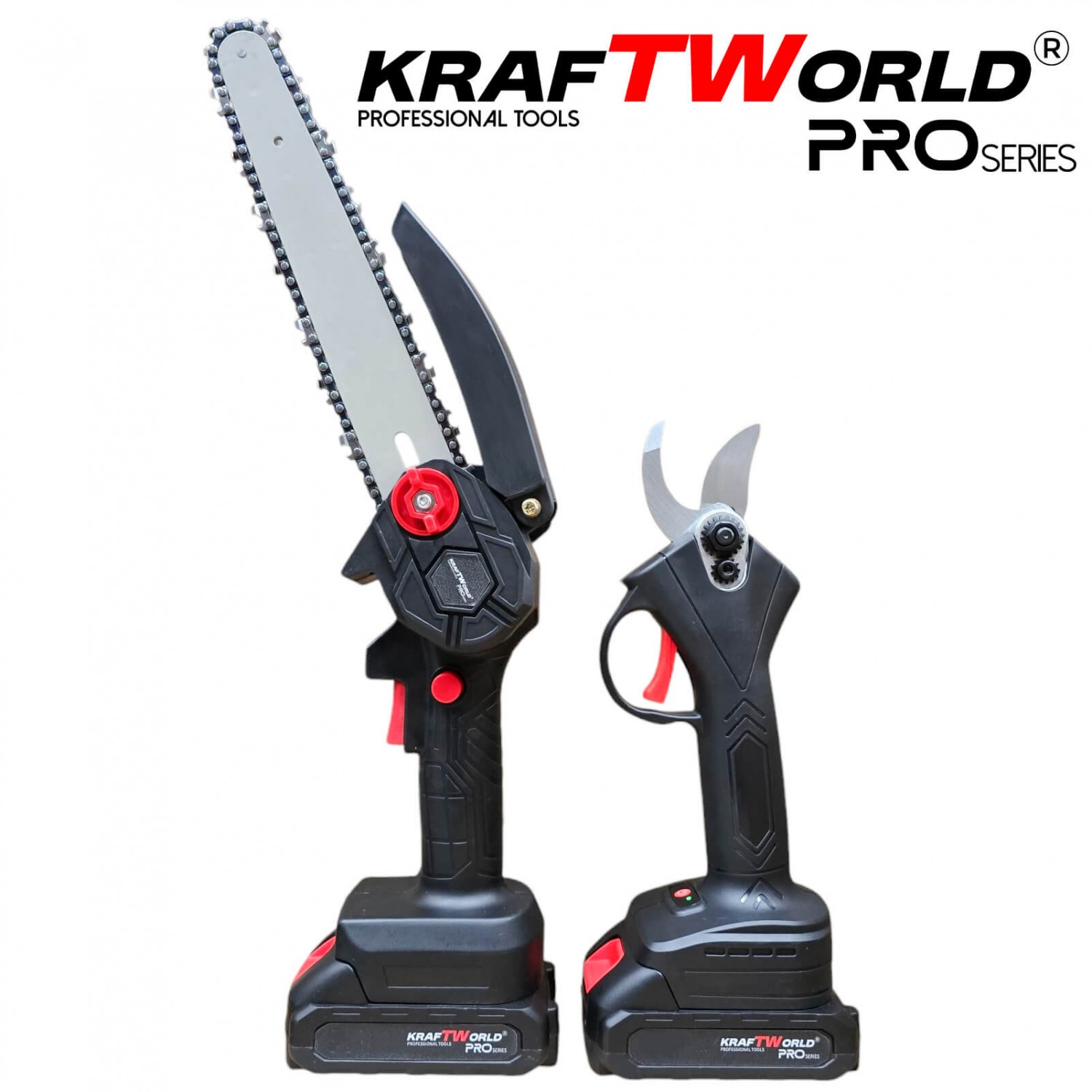 Σετ KraftWorld 2 σε 1: Μίνι Αλυσοπρίονο (15 & 20 εκ.) & Κλαδευτήρι με 2 Μπαταρίες 24V