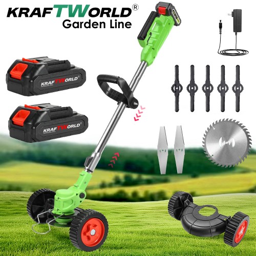 Ασύρματο Τρίμερ Μπαταρίας KraftWorld - Χορτοκοπτικό με Τροχούς & 2 Μπαταρίες & Σετ Λεπίδων