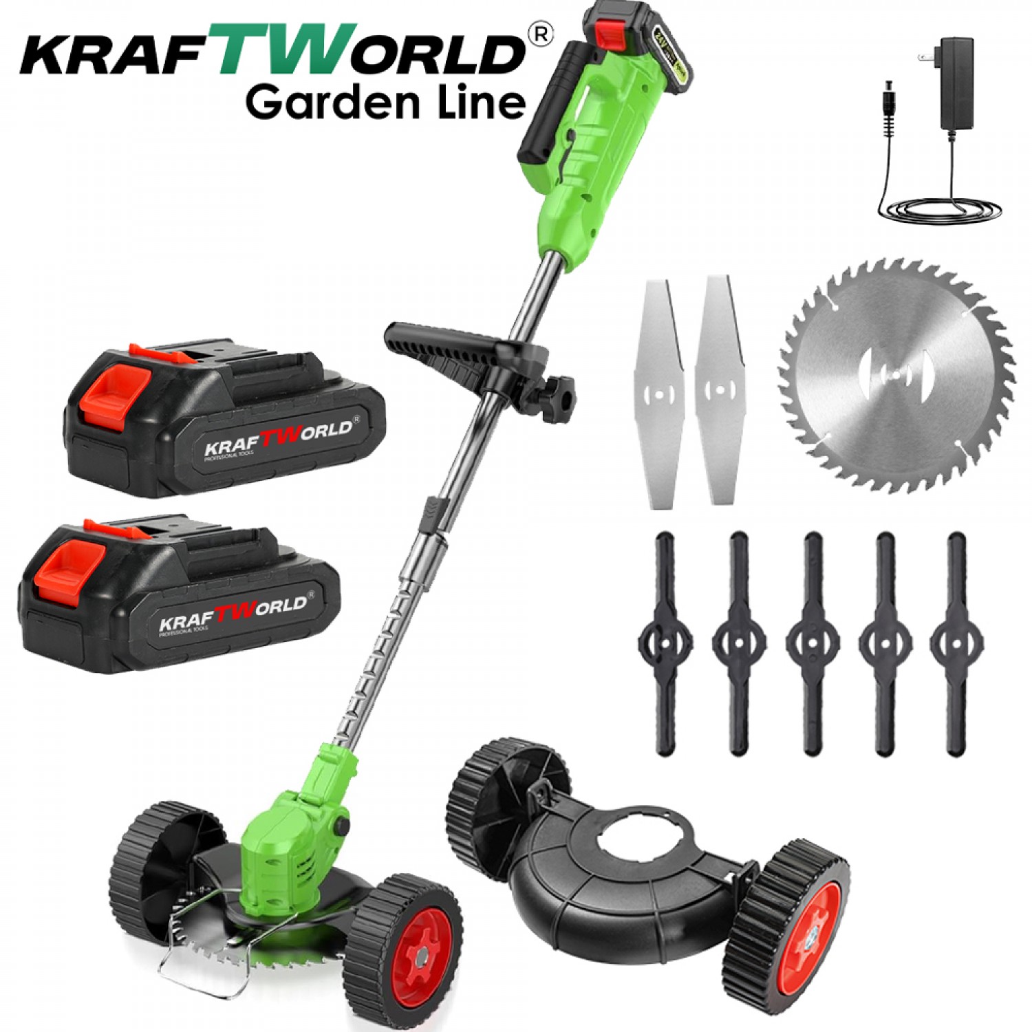 Ασύρματο Τρίμερ Μπαταρίας KraftWorld - Χορτοκοπτικό με Τροχούς & 2 Μπαταρίες & Σετ Λεπίδων