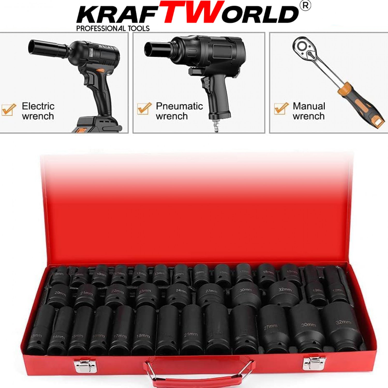 Καρυδάκια 1/2″ αέρος εξάγωνα KraftWorld 35 τεμαχίων - Κρουστικά Καρυδάκια