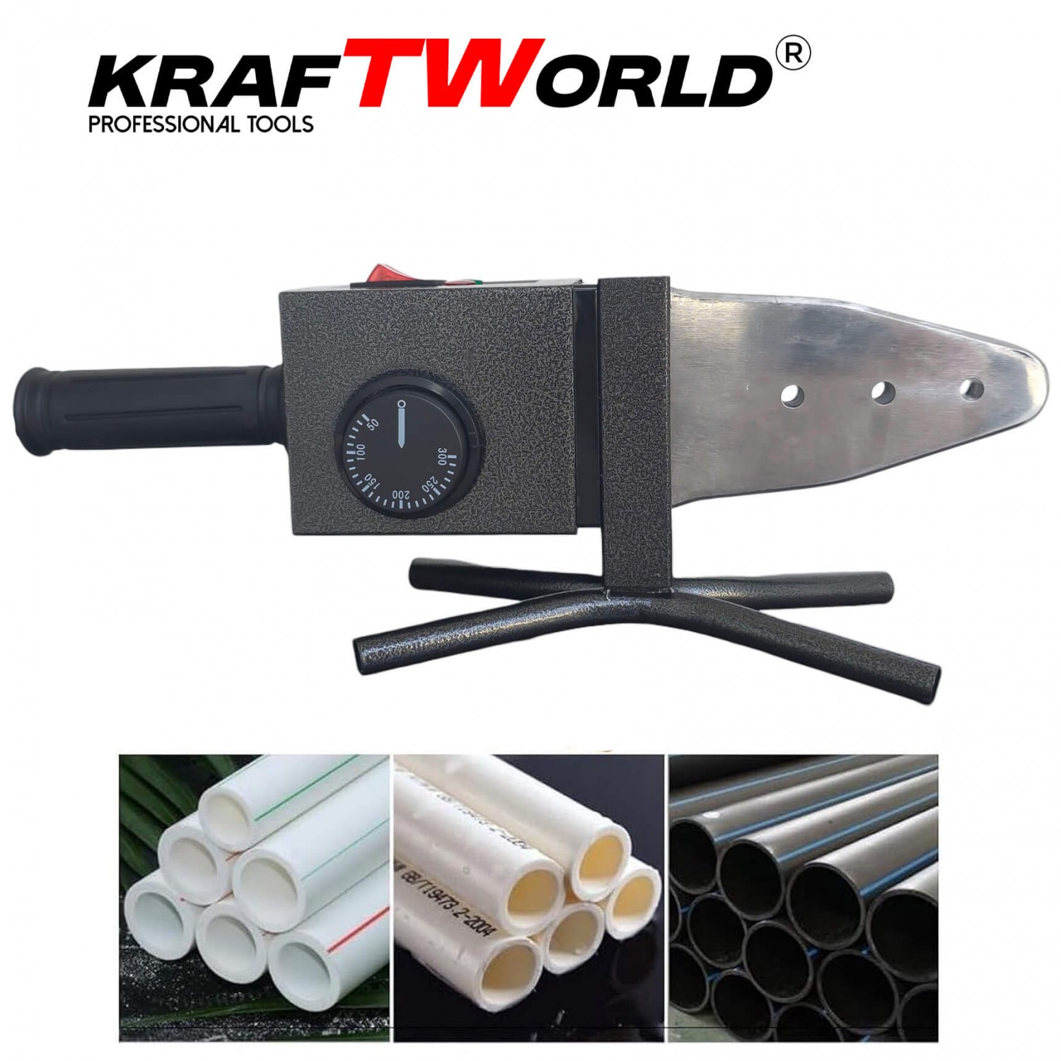 Συσκευή θερμοκόλλησης πλαστικών σωλήνων KraftWorld 2500W για PPR Σωλήνες Ø20–63 mm + Ψαλίδι & Αξεσουάρ σε Μεταλλική Βαλίτσα