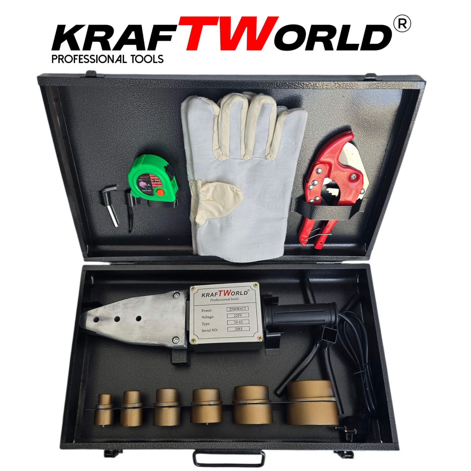 Συσκευή θερμοκόλλησης πλαστικών σωλήνων KraftWorld 2500W για PPR Σωλήνες Ø20–63 mm + Ψαλίδι & Αξεσουάρ σε Μεταλλική Βαλίτσα