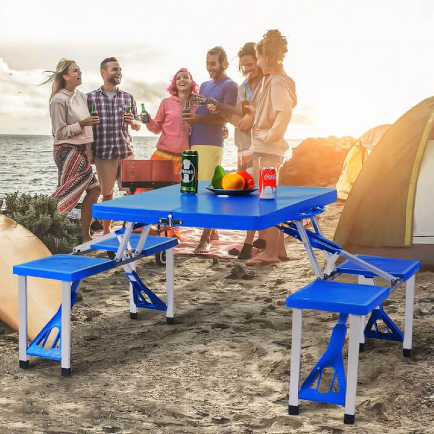 Πτυσσόμενο Τραπέζι Camping με 4 Ενσωματωμένα Καθίσματα & Θέση για Ομπρέλα – Τύπου Βαλίτσας