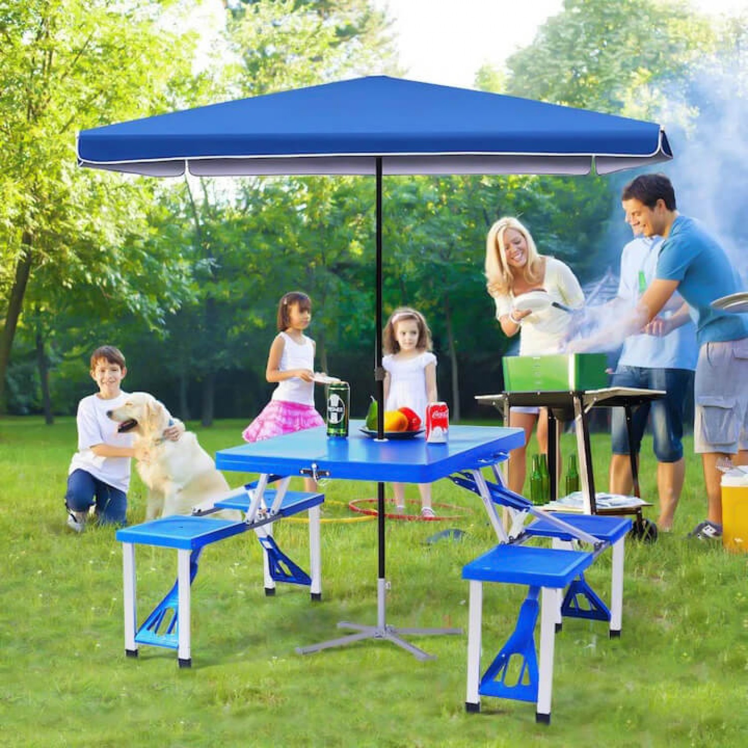 Πτυσσόμενο Τραπέζι Camping με 4 Ενσωματωμένα Καθίσματα & Θέση για Ομπρέλα – Τύπου Βαλίτσας