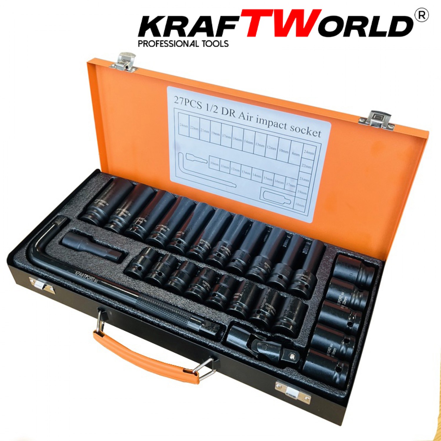 Σετ Κρουστικά Καρυδάκια KraftWorld 27 τεμ. – 1/2″ με Προέκταση & Αρθρωτό