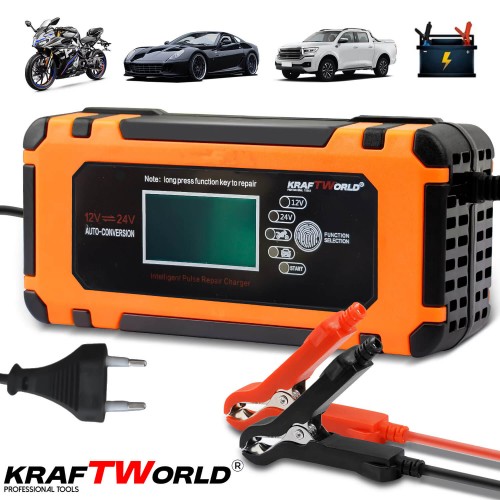 Αυτόματος Φορτιστής Μπαταριών KraftWorld 12V – LCD Οθόνη & Λειτουργία Επισκευής